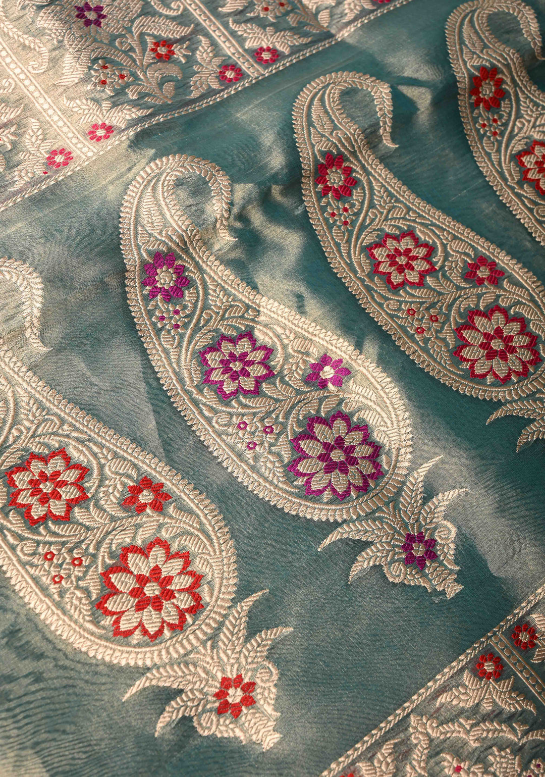 Deep Teal Pure Banarasi Tissue Organza Silk Handloom Saree with Floral Buttas and Meenakari Border and Pallu | SILK MARK CERTIFIED