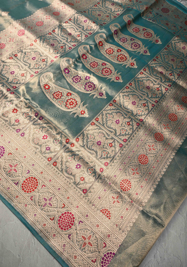 Deep Teal Pure Banarasi Tissue Organza Silk Handloom Saree with Floral Buttas and Meenakari Border and Pallu | SILK MARK CERTIFIED