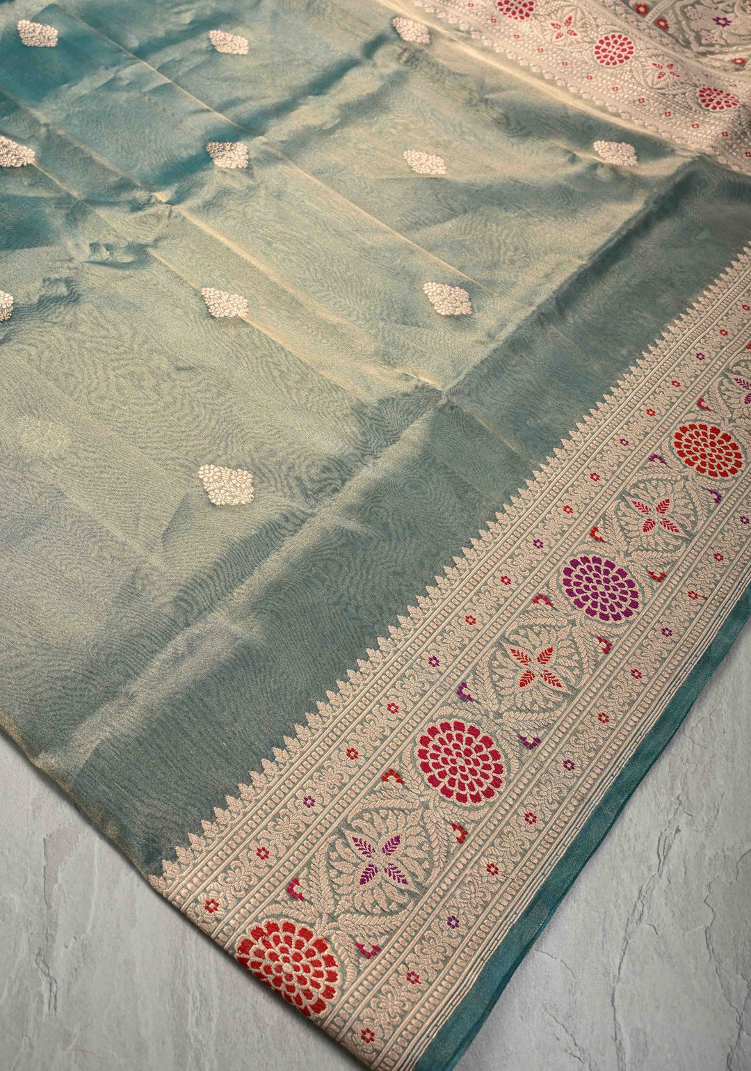 Deep Teal Pure Banarasi Tissue Organza Silk Handloom Saree with Floral Buttas and Meenakari Border and Pallu | SILK MARK CERTIFIED