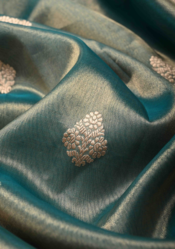 Deep Teal Pure Banarasi Tissue Organza Silk Handloom Saree with Floral Buttas and Meenakari Border and Pallu | SILK MARK CERTIFIED