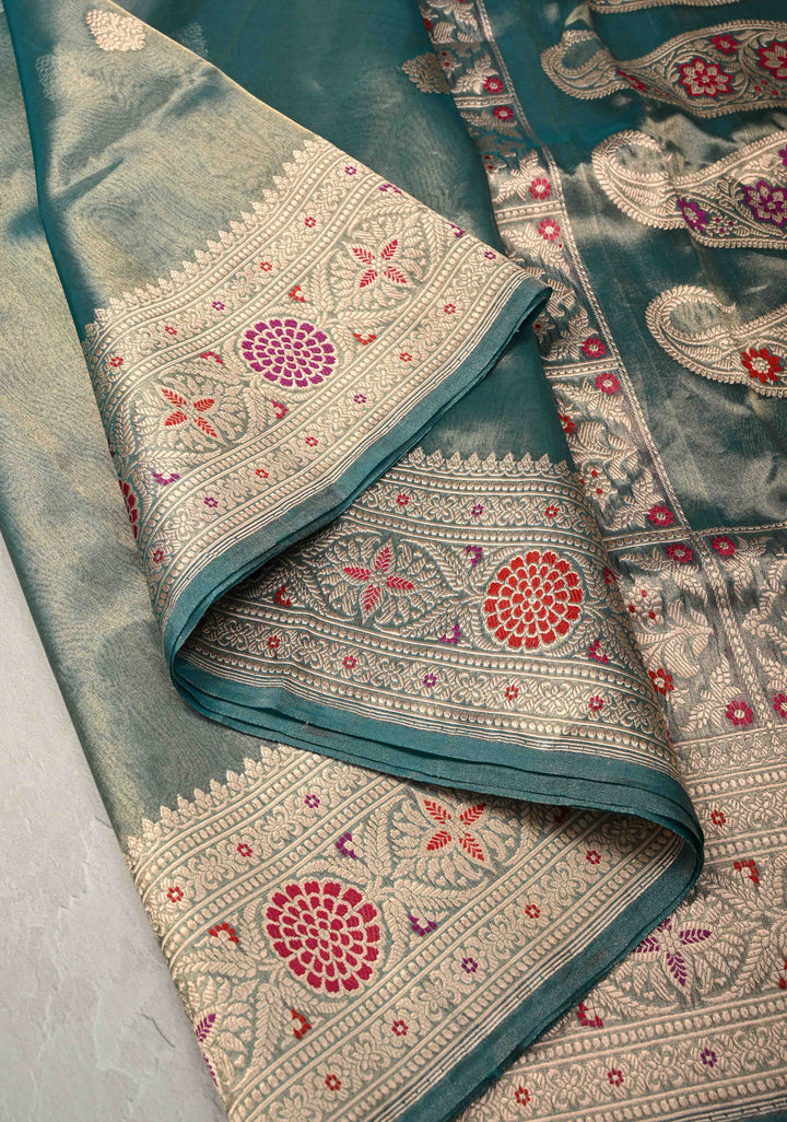 Deep Teal Pure Banarasi Tissue Organza Silk Handloom Saree with Floral Buttas and Meenakari Border and Pallu | SILK MARK CERTIFIED