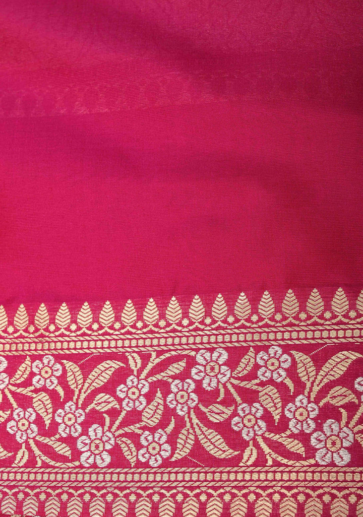 Pinkish Red Pure Banarasi Katan Silk Saree with Floral Buttis and Purple  Zari Border | SILK MARK CERTIFIED