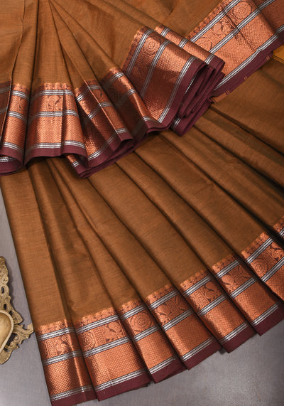 Dark Taupe Kanchi Cotton Saree with Copper Border