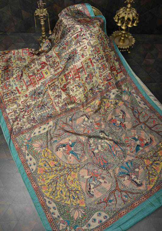 Semi Tussar saree with Kalamkari Digital Print in Light Beige