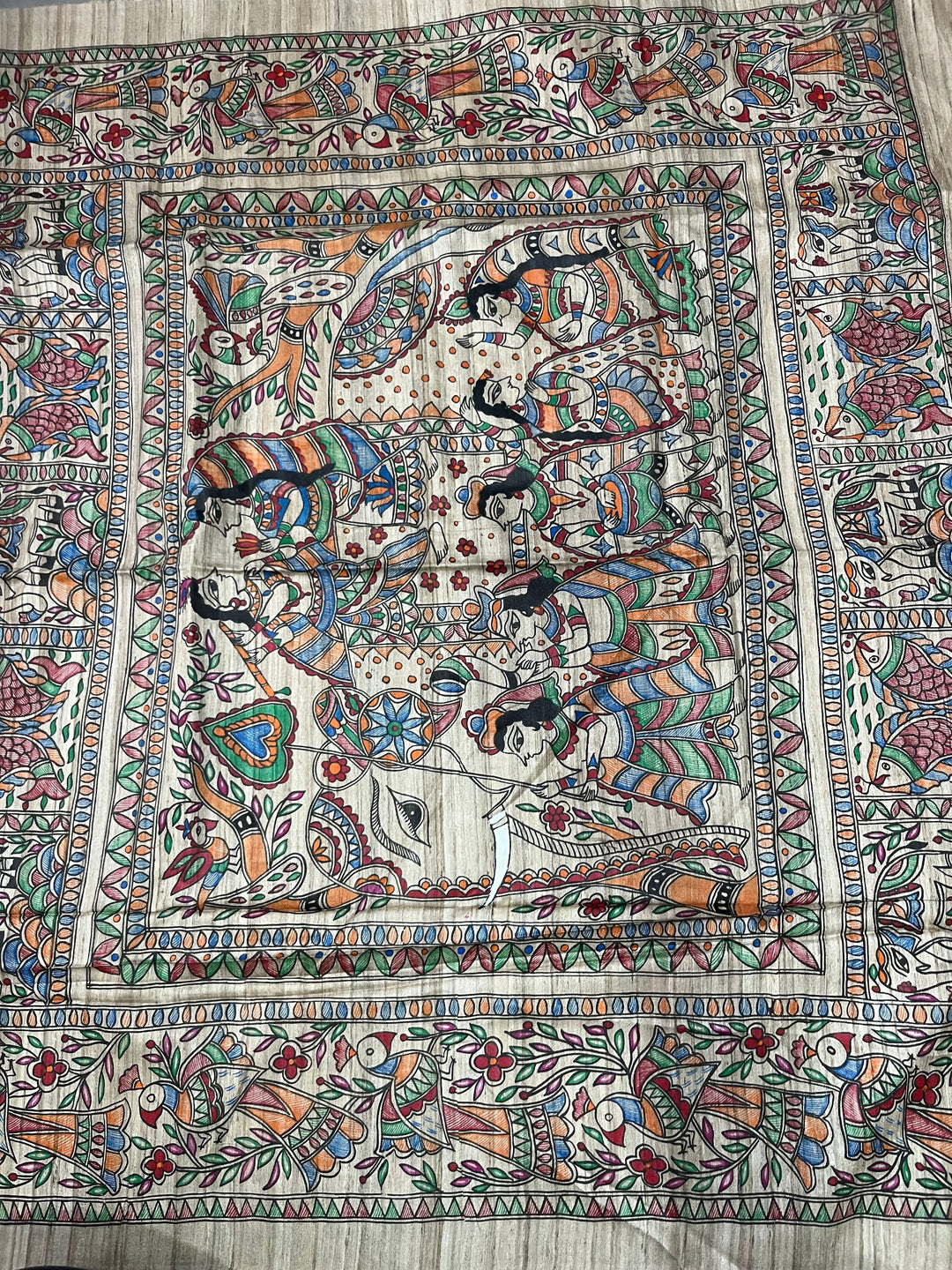 Beige Madhubani hand painted on Geecha Tussar Silk Saree With Border | SILK MARK CERTIFIED | Shobitam