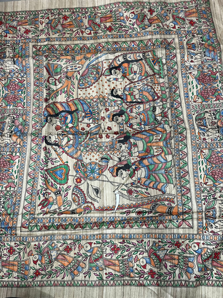 Beige Madhubani hand painted on Geecha Tussar Silk Saree With Border | SILK MARK CERTIFIED | Shobitam