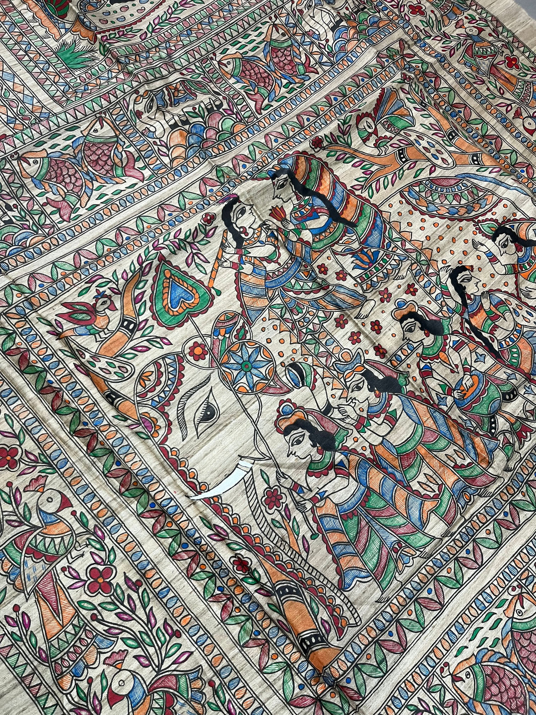 Beige Madhubani hand painted on Geecha Tussar Silk Saree With Border | SILK MARK CERTIFIED | Shobitam