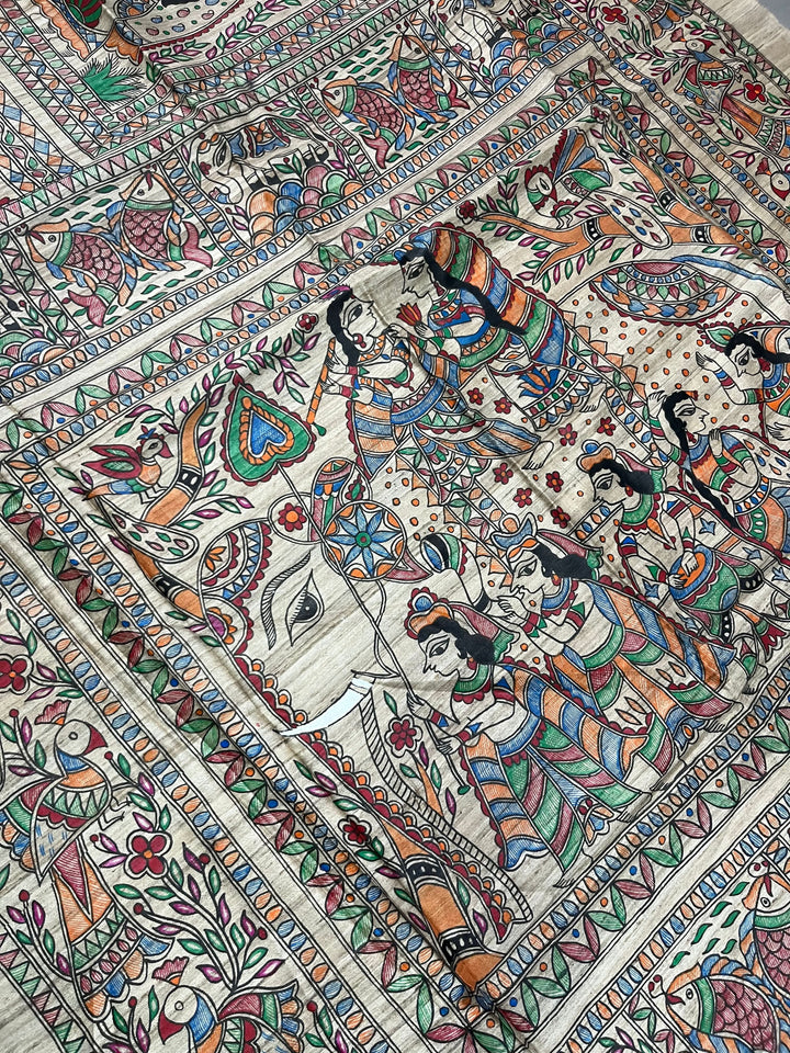 Beige Madhubani hand painted on Geecha Tussar Silk Saree With Border | SILK MARK CERTIFIED | Shobitam