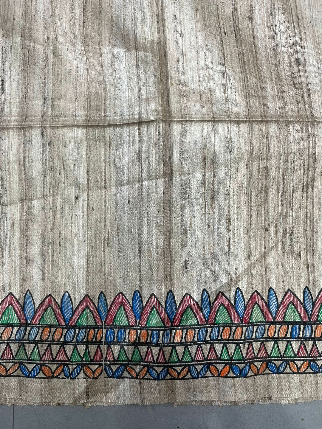 Beige Madhubani hand painted on Geecha Tussar Silk Saree With Border | SILK MARK CERTIFIED | Shobitam