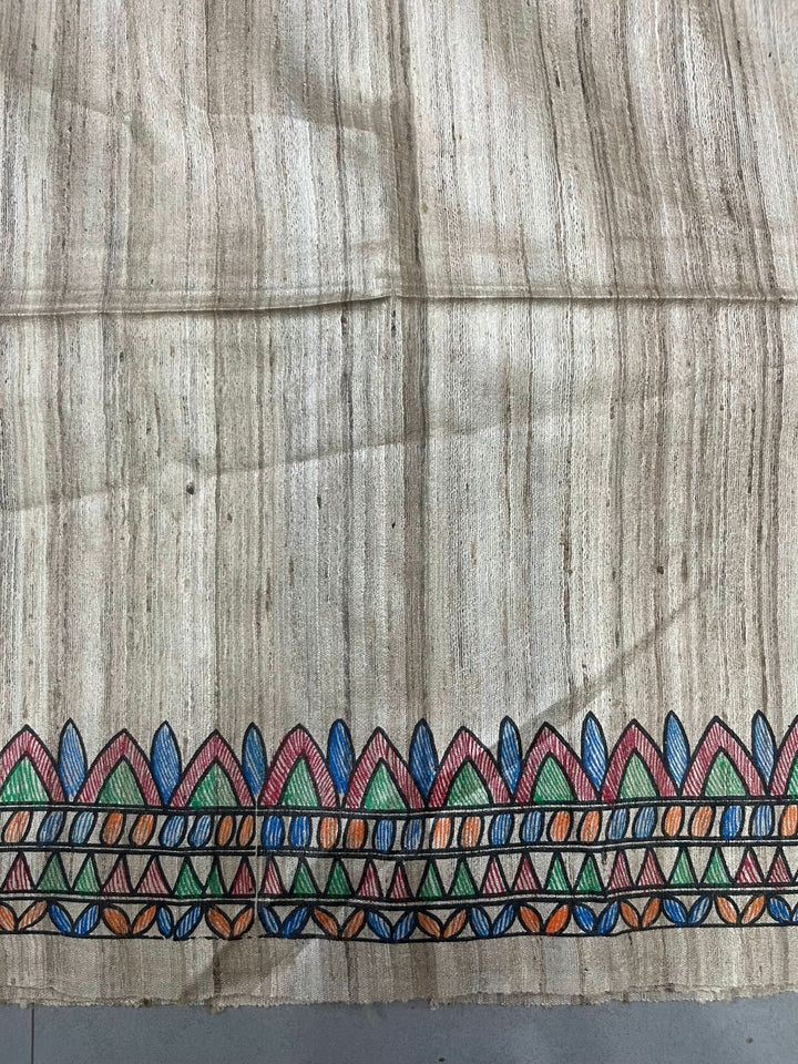 Beige Madhubani hand painted on Geecha Tussar Silk Saree With Border | SILK MARK CERTIFIED | Shobitam