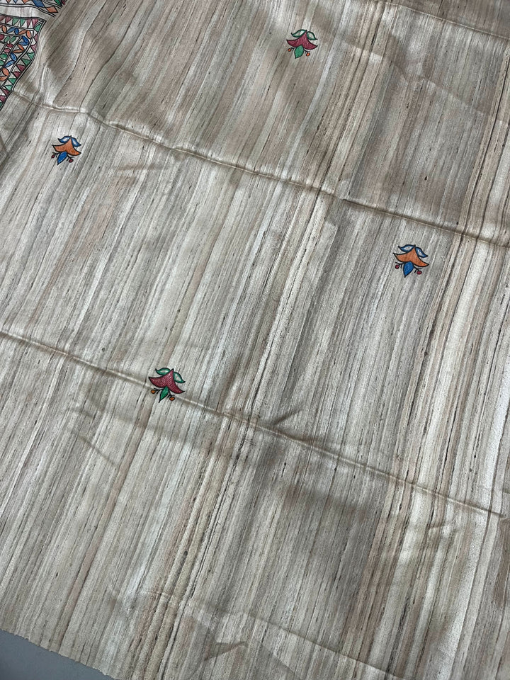 Beige Madhubani hand painted on Geecha Tussar Silk Saree With Border | SILK MARK CERTIFIED | Shobitam