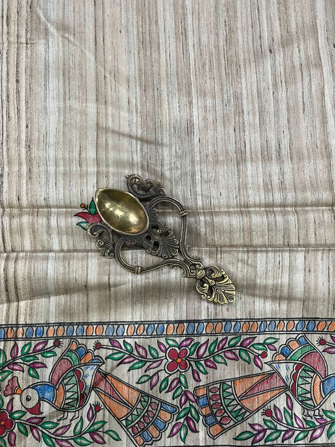 Beige Madhubani hand painted on Geecha Tussar Silk Saree With Border | SILK MARK CERTIFIED | Shobitam