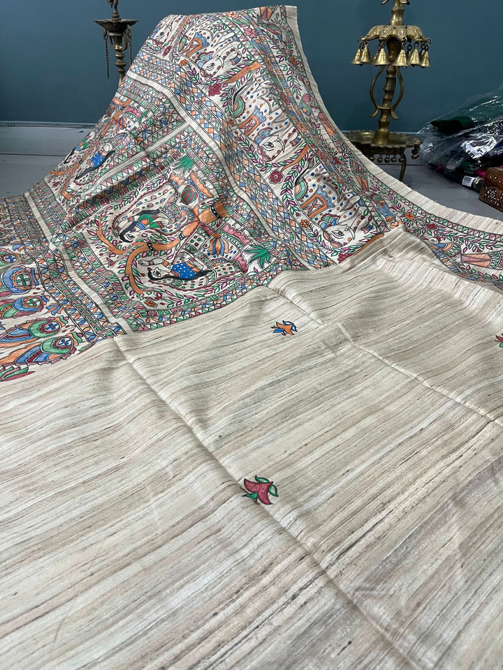 Beige Madhubani hand painted on Geecha Tussar Silk Saree With Border | SILK MARK CERTIFIED | Shobitam