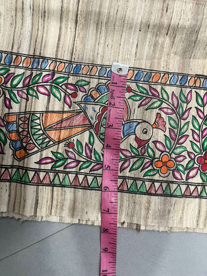 Beige Madhubani hand painted on Geecha Tussar Silk Saree With Border | SILK MARK CERTIFIED | Shobitam
