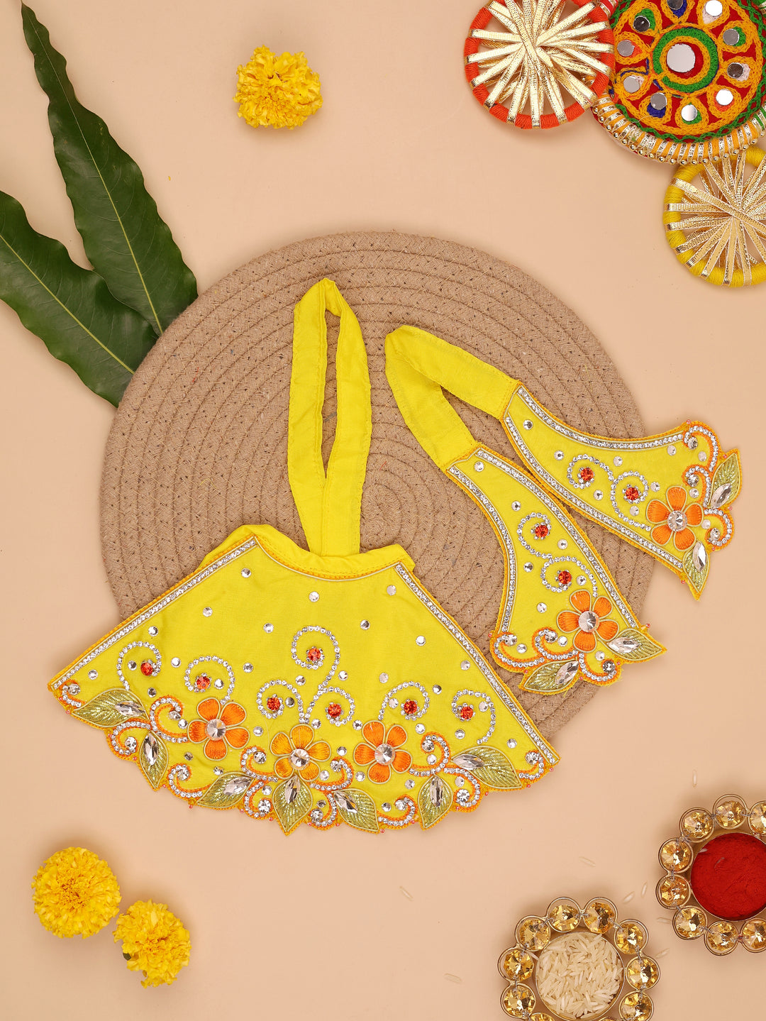 Yellow Pushp Mala Lehenga Patka | Shobitam