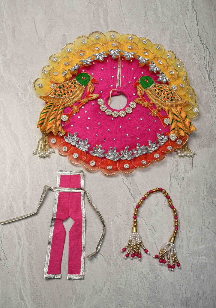 Pink-Yellow Laddu Gopal Dress Set with Parrot Motifs and Gemstone Embellishments