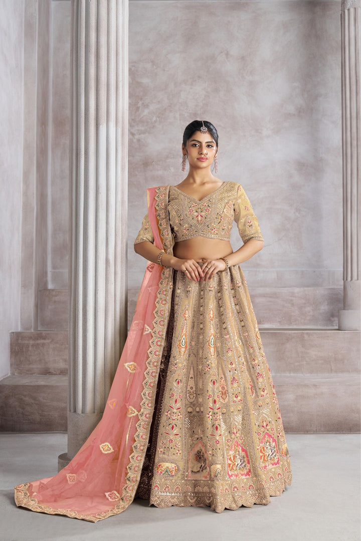 Sitara Aari Embroidered Lehenga in Chiku