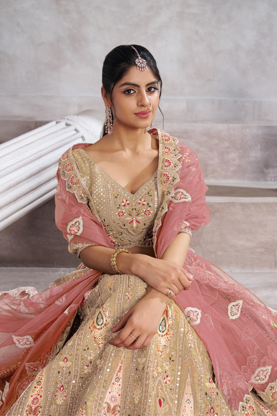 Sitara Aari Embroidered Lehenga in Chiku