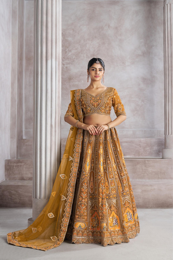 Saanjh Aari Embroidered Lehenga in Mustard