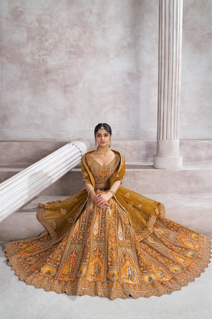 Saanjh Aari Embroidered Lehenga in Mustard