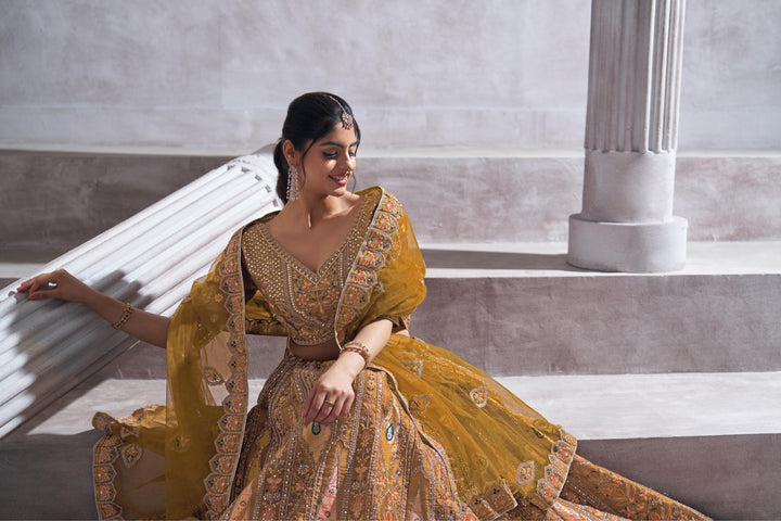 Saanjh Aari Embroidered Lehenga in Mustard