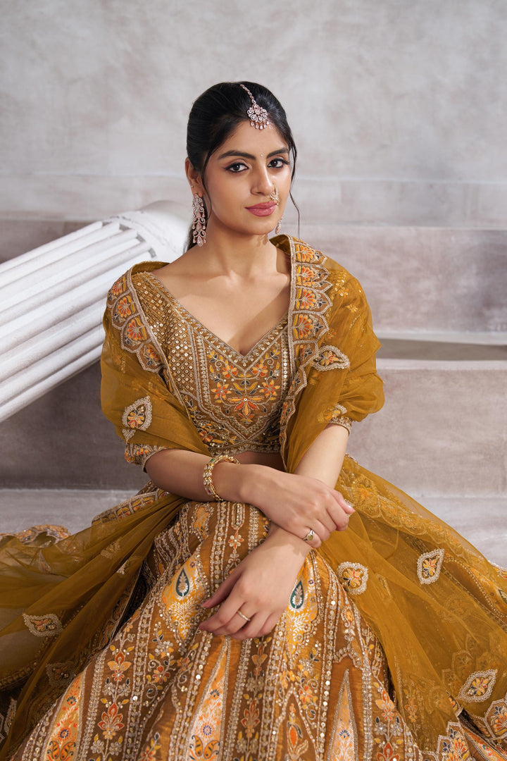 Saanjh Aari Embroidered Lehenga in Mustard