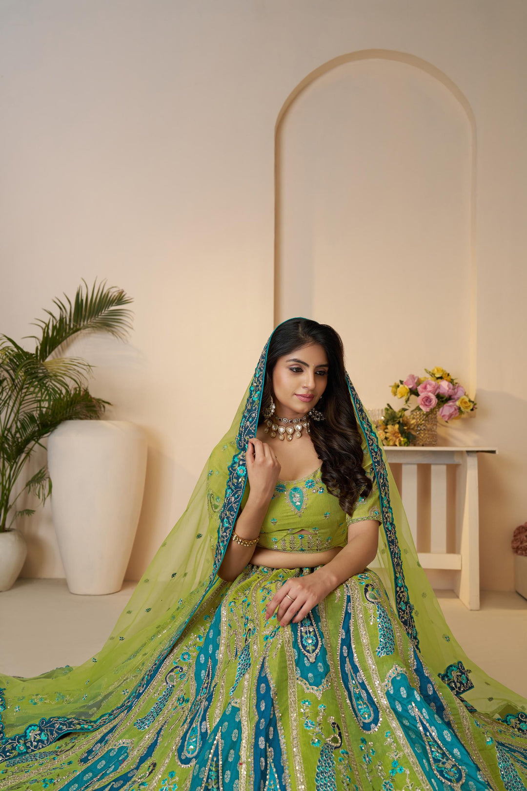 Amodini Teal Leheriya Embroidered Lehenga