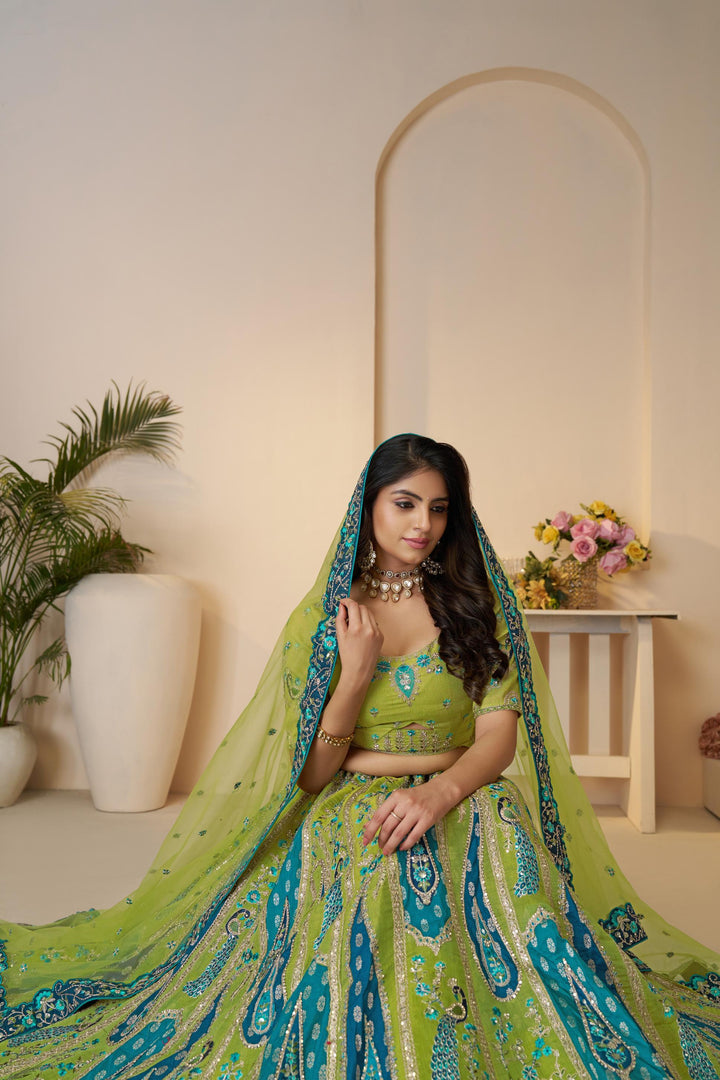 Amodini Teal Leheriya Embroidered Lehenga