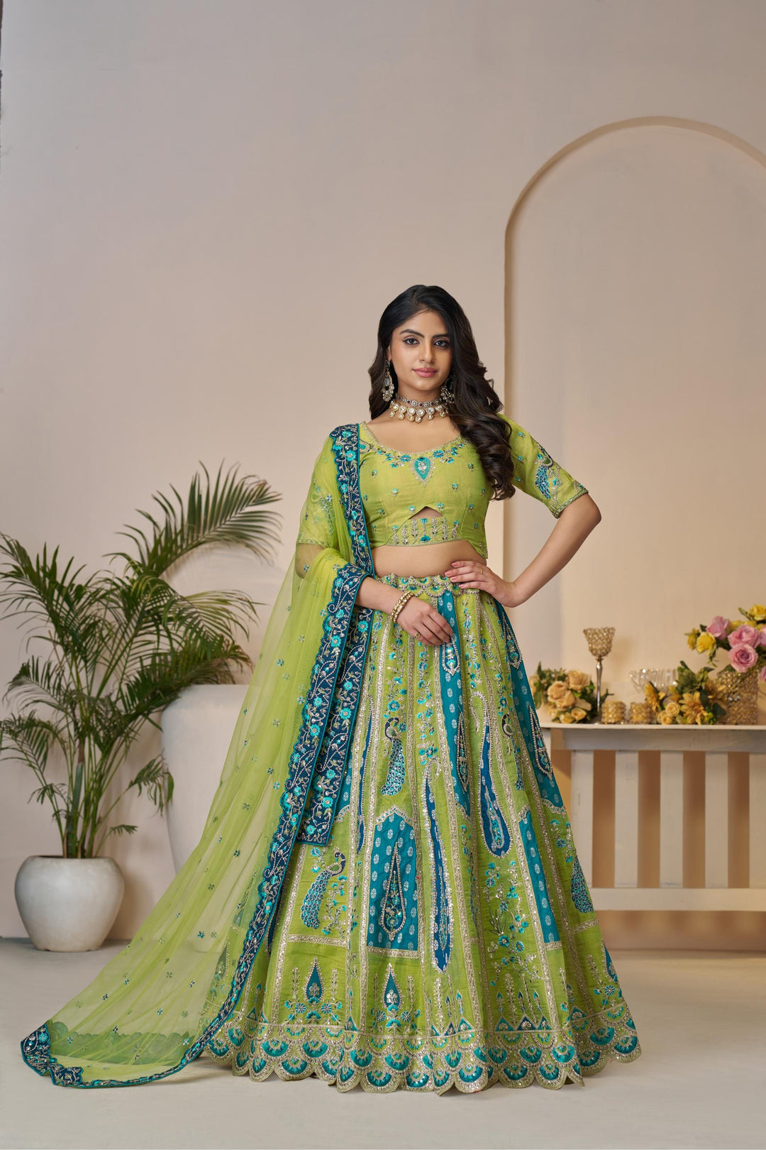 Amodini Teal Leheriya Embroidered Lehenga