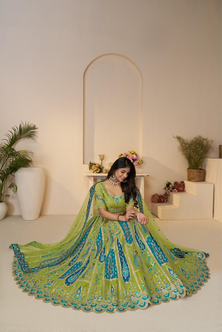 Amodini Teal Leheriya Embroidered Lehenga
