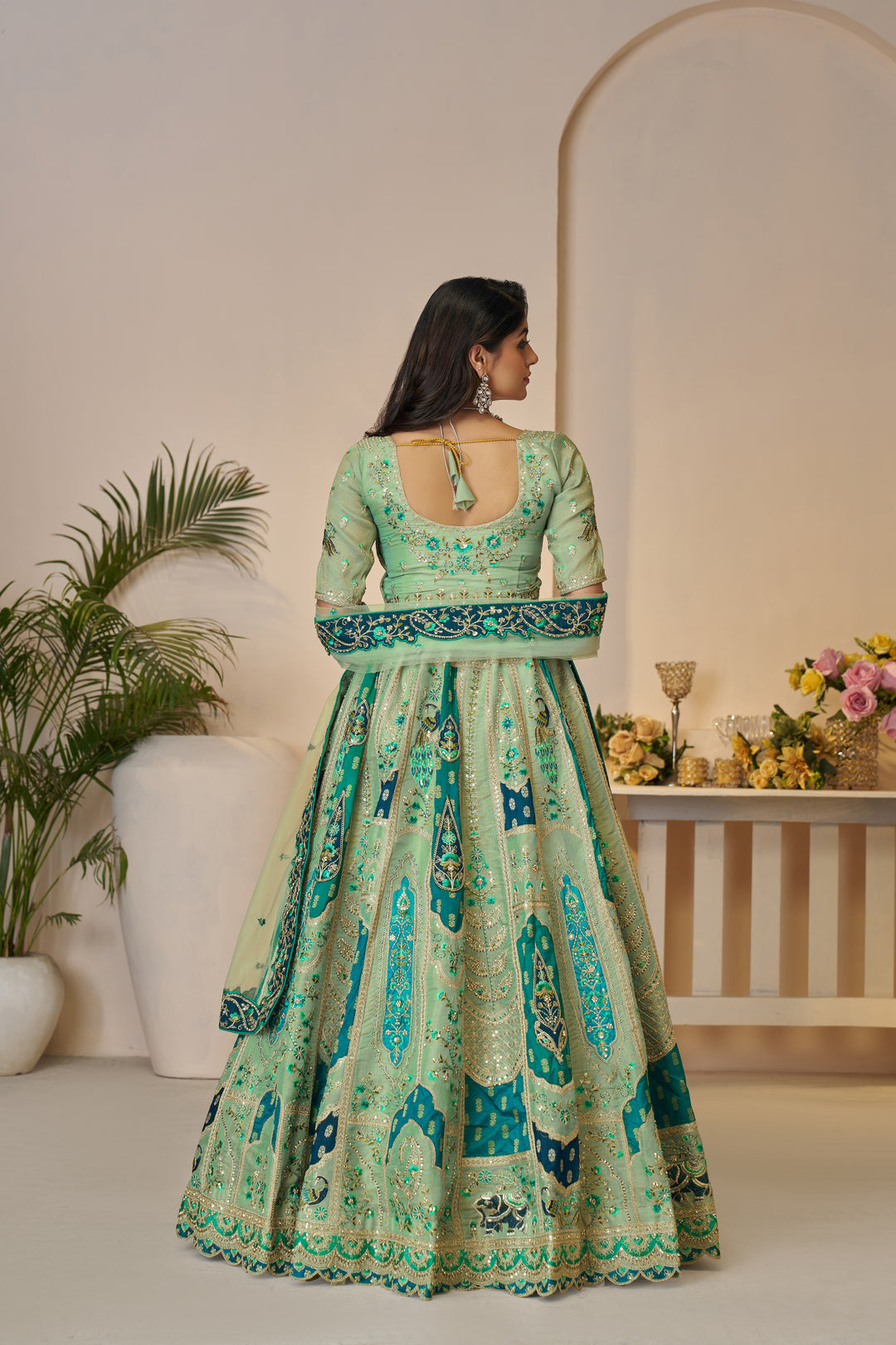 Vantara Patchwork Banarasi Lehenga in Emerald Green