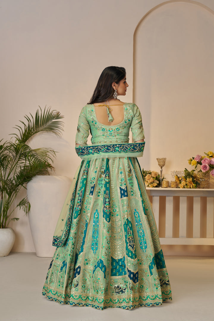 Vantara Patchwork Banarasi Lehenga in Emerald Green
