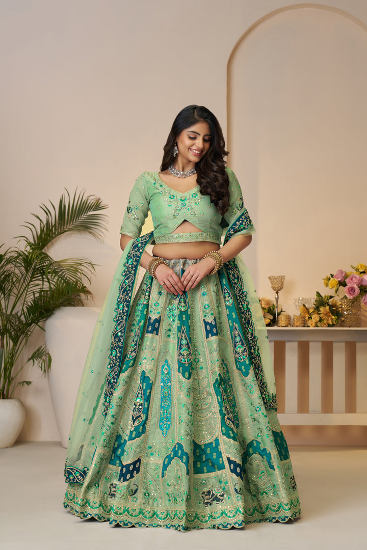 Vantara Patchwork Banarasi Lehenga in Emerald Green