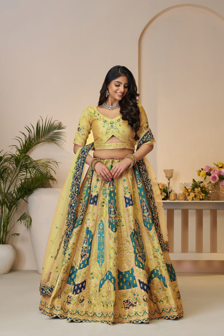 Zehra Vintage Banarasi Lehenga in Marigold Yellow