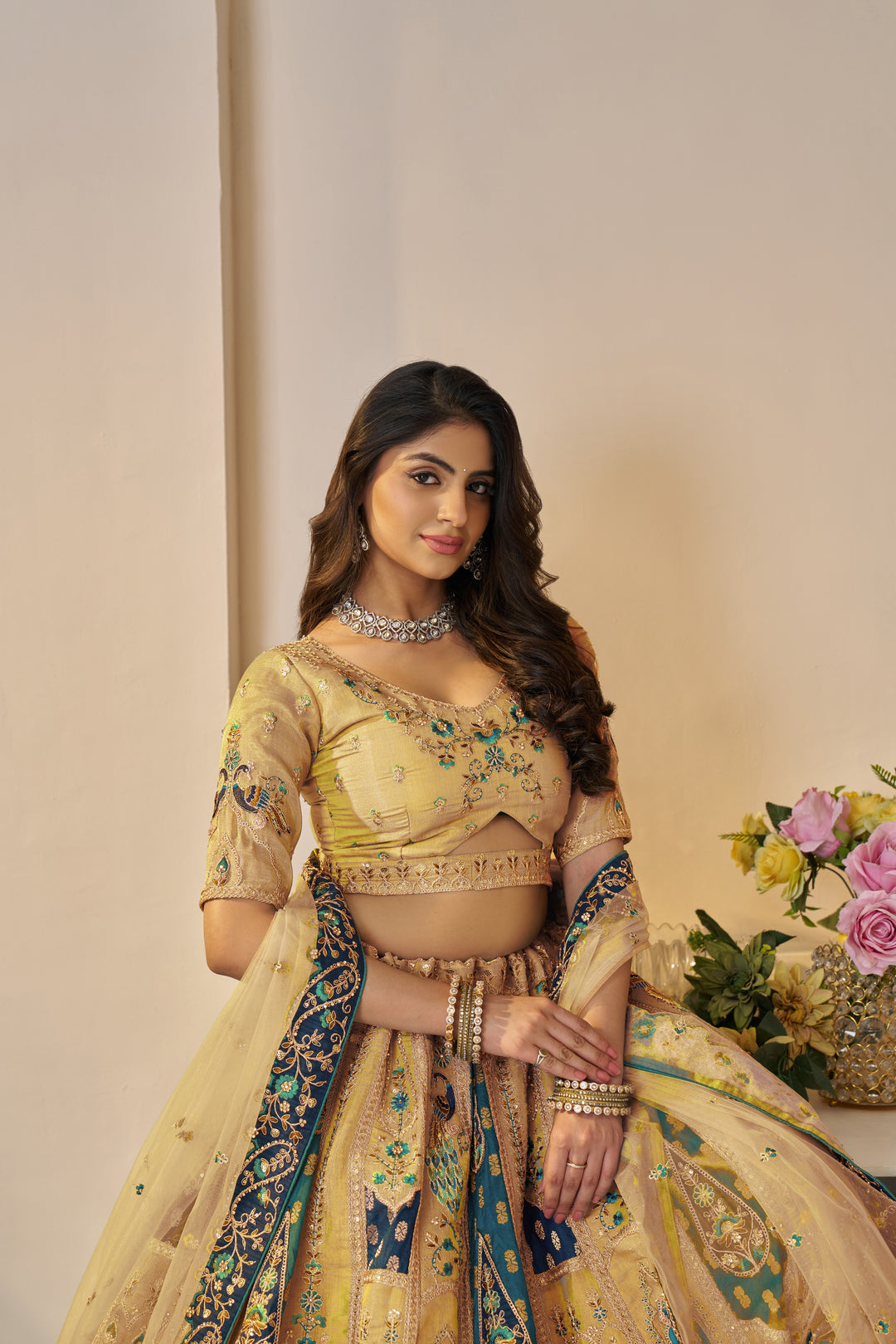 Zehra Vintage Banarasi Lehenga in Marigold Yellow