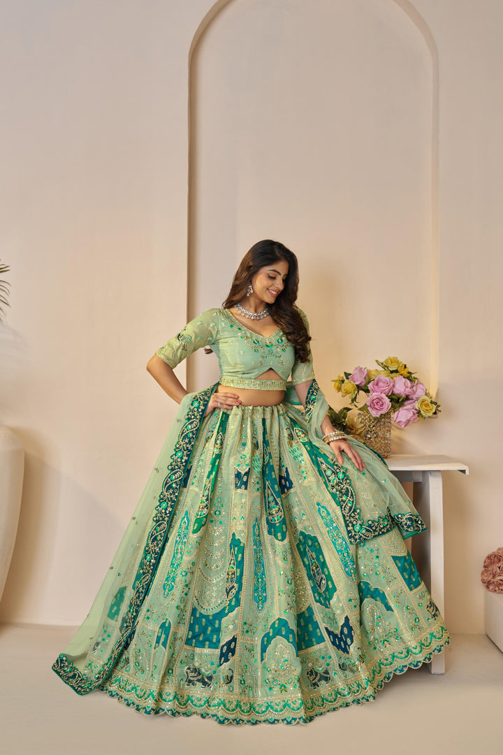 Vantara Patchwork Banarasi Lehenga in Emerald Green