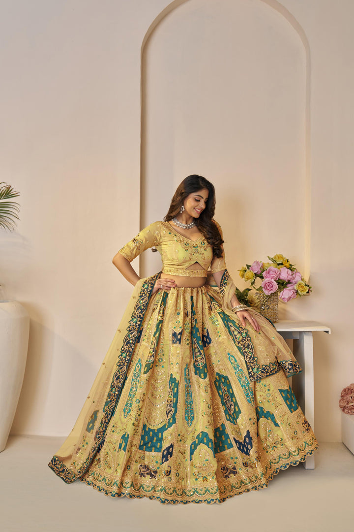 Zehra Vintage Banarasi Lehenga in Marigold Yellow