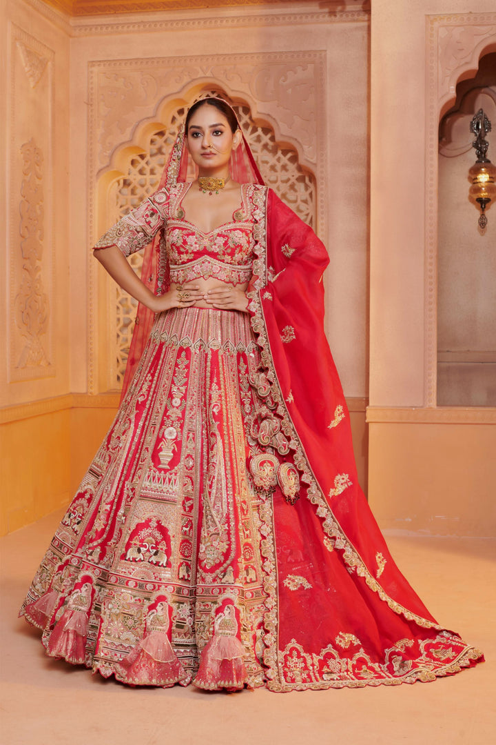 Exotic Lehenga with 3d Bride Motifs, full meenakari handwork and double dupattas, Customizable, Made to Order