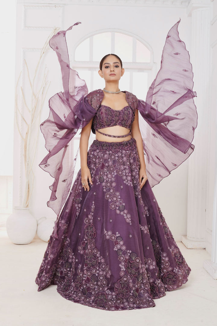 Amethyst Blaze Lehenga with Cape, Customizable, Made to Order