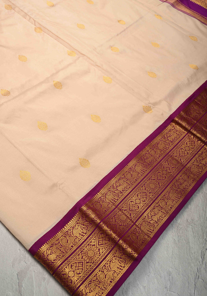 Peach Cream color 9 Yards Madisaar Pure Silk Saree with Zari Buttas and Contrast Zari Border | SILK MARK CERTIFIED