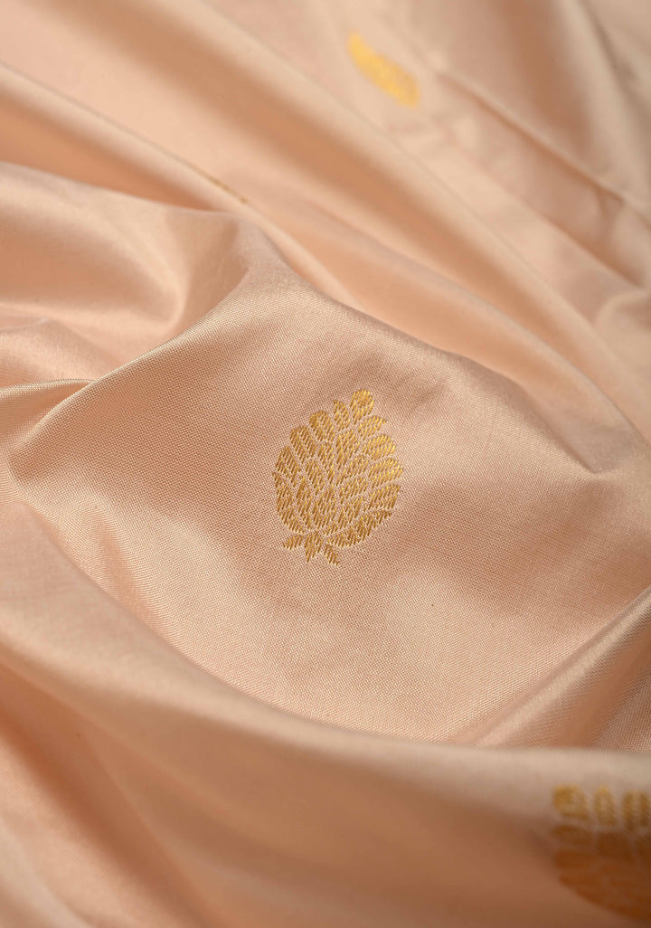Peach Cream color 9 Yards Madisaar Pure Silk Saree with Zari Buttas and Contrast Zari Border | SILK MARK CERTIFIED
