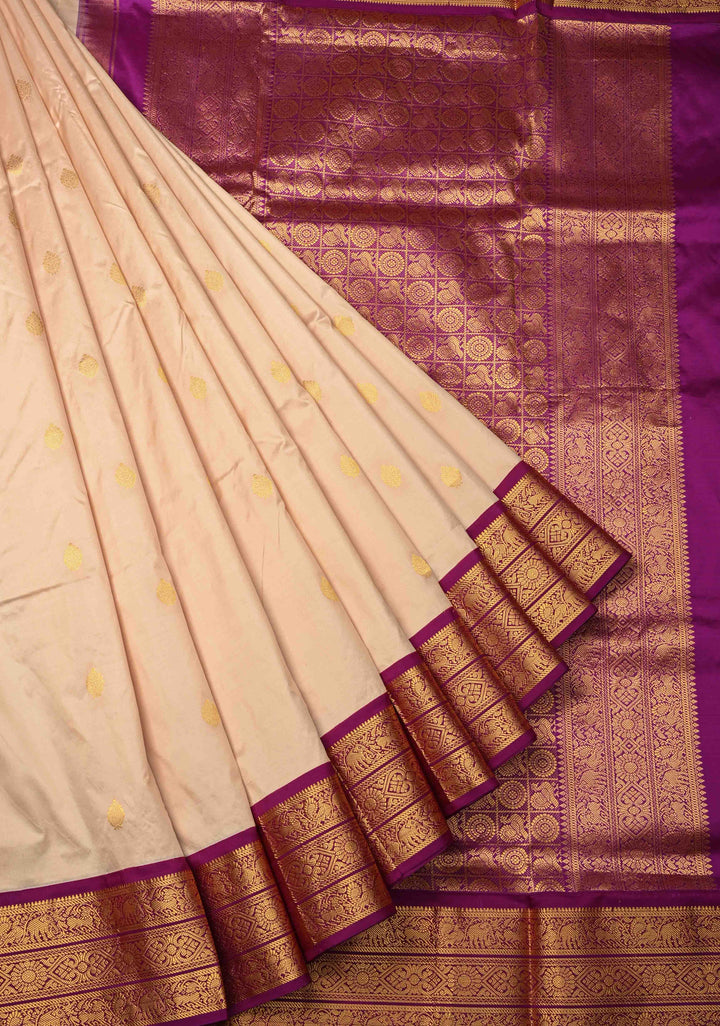 Peach Cream color 9 Yards Madisaar Pure Silk Saree with Zari Buttas and Contrast Zari Border | SILK MARK CERTIFIED