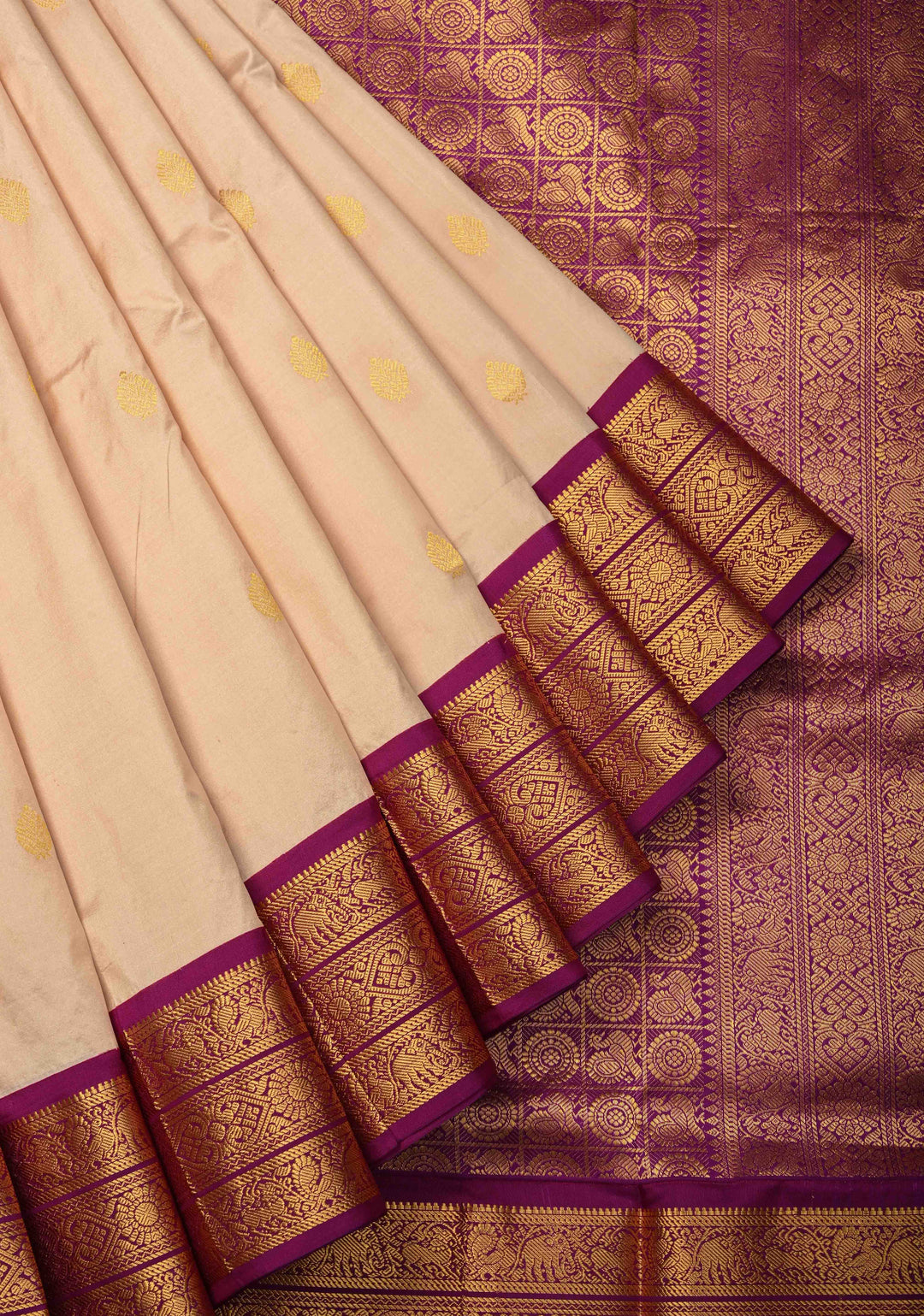 Peach Cream color 9 Yards Madisaar Pure Silk Saree with Zari Buttas and Contrast Zari Border | SILK MARK CERTIFIED