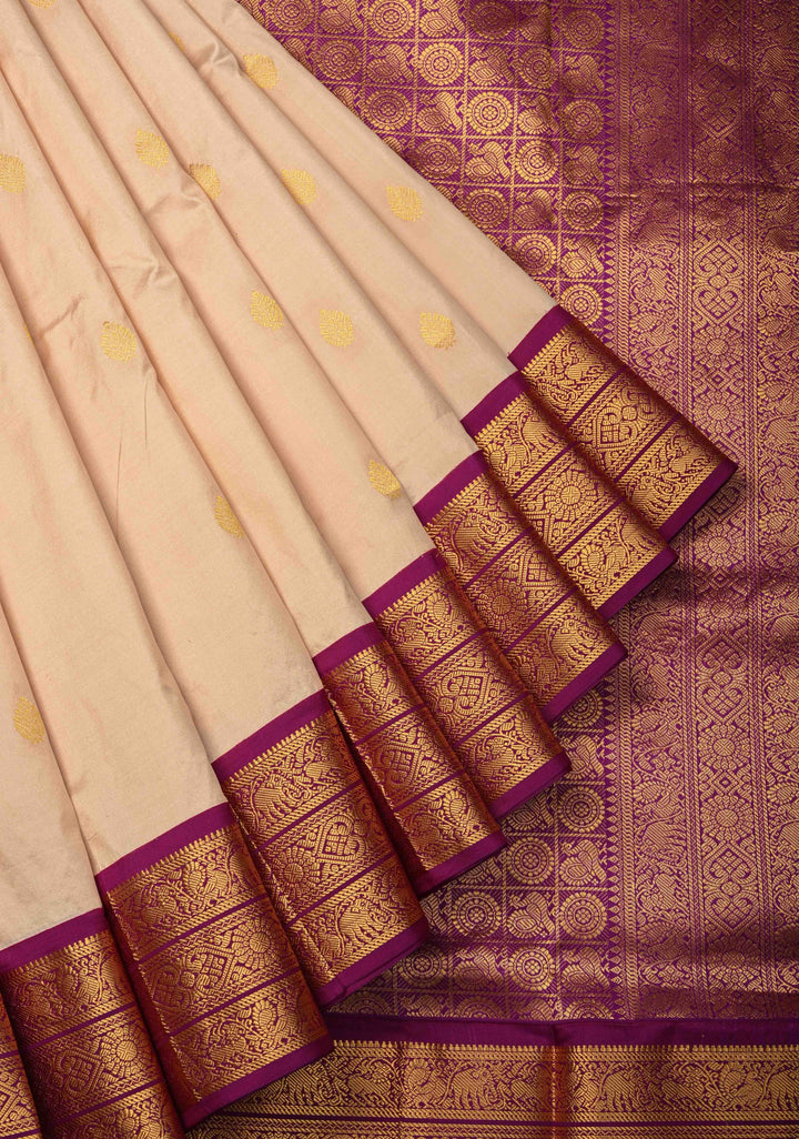 Peach Cream color 9 Yards Madisaar Pure Silk Saree with Zari Buttas and Contrast Zari Border | SILK MARK CERTIFIED