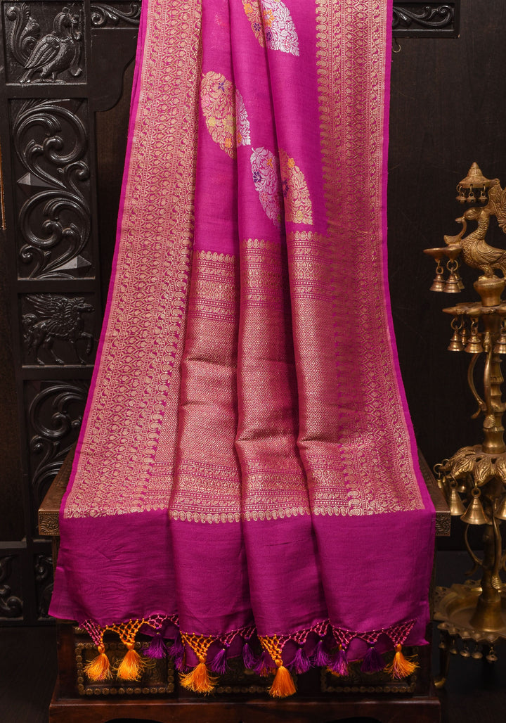 Exquisite Banarasi Tussar Georgette Saree in Magenta with Antique Tone Zari and Meenakari Highlights | SILK MARK CERTIFIED