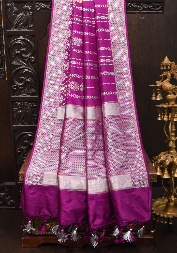 Magenta Exquisite Chandelier Design Grand kadhuwa Meenakari Banarasi Katan Silk Saree  | SILK MARK CERTIFIED