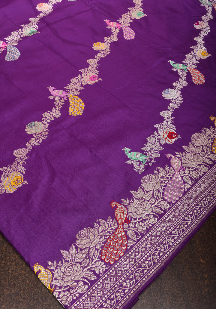 Exquisite Purple Meenakari Banarasi Silk Saree  Shikaargah Leheria Jaal|CERTIFIED SILK
