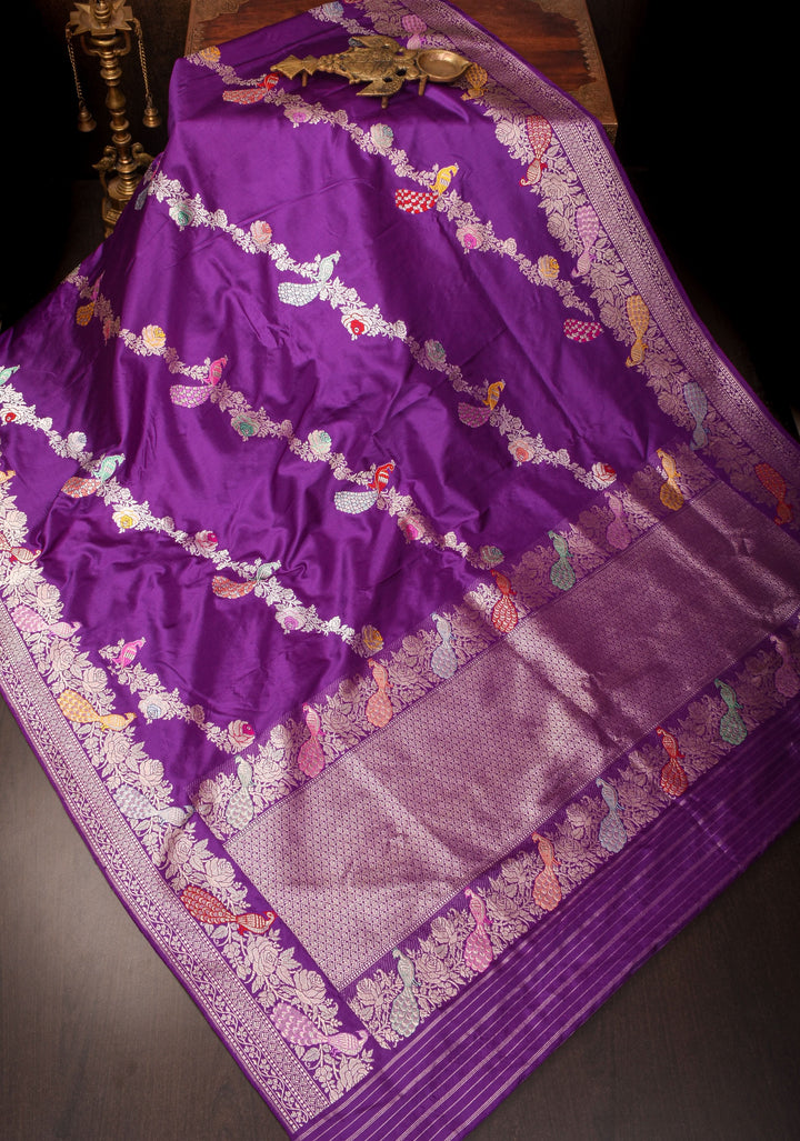 Exquisite Purple Meenakari Banarasi Silk Saree  Shikaargah Leheria Jaal|CERTIFIED SILK