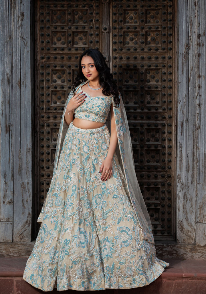 Exclusive Wisteria Lehenga with pearls and hand-embroidery in Net, Customizable, Made to Order