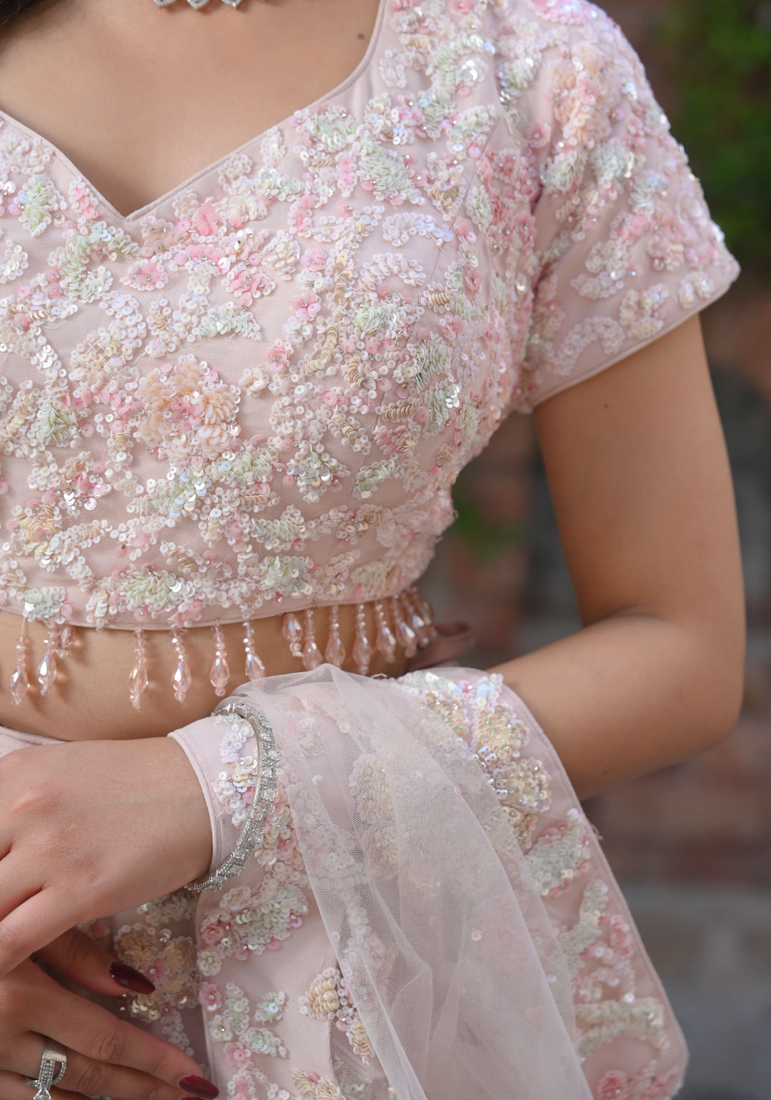 Exclusive Millennial Pink Lehenga with handwork in Net, Customizable, made to order | Shobitam